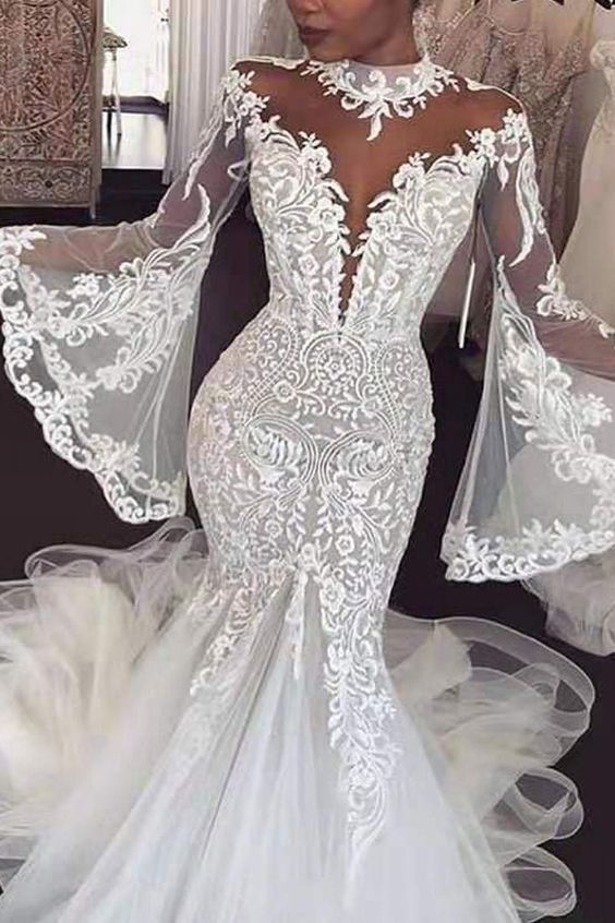 Dazzling High Collar Neckline Mermaid Wedding Dress With Lace Appliques & Bell Sleeves Prom Party Dress cg18443