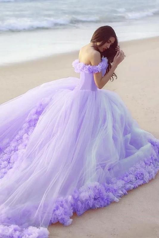 Ball Gown Off-the-shoulder Flowers Lace-up Court Train Prom Dresses cg18449
