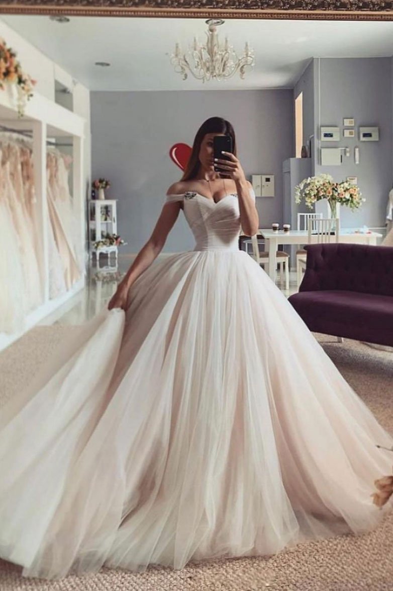 Champagne sweetheart neck off shoulder long prom gown, tulle formal dress cg18456