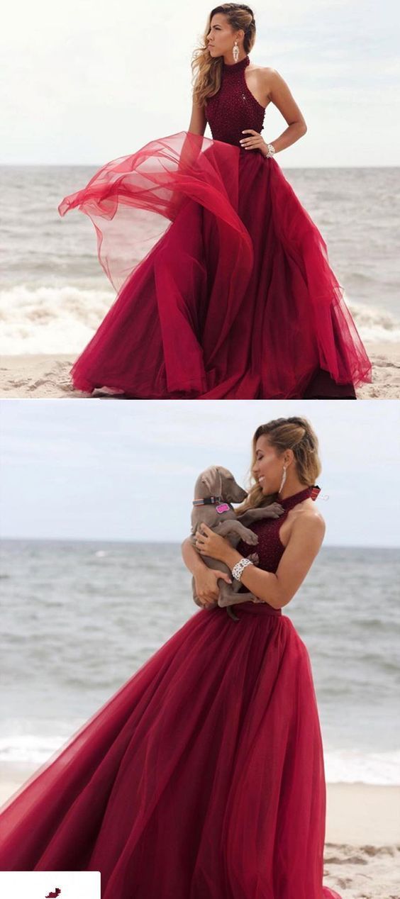 Princess burgundy long prom dress,halter burgundy long graduation dress formal evening dress cg18462