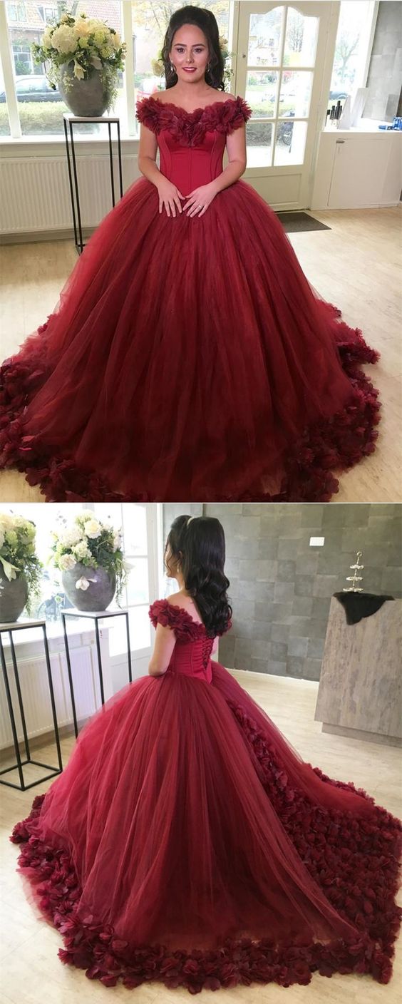 Prom Dresses Maroon Wedding Dresses Ball Gown Floral Flowers Off The Shoulder For Wedding Photography cg18471