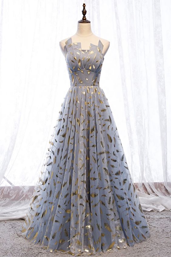 strapless A-line blue tulle and gold long formal dress prom dress cg18478