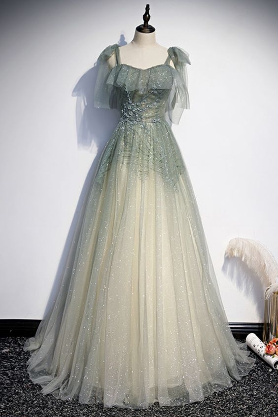off the shoulder dusty green tulle long formal prom dress cg18479
