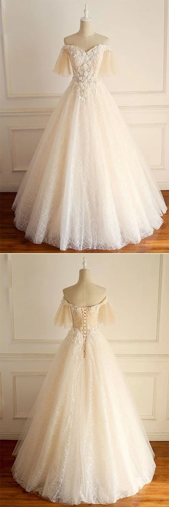 Light Champagne Tulle lace Short Sleeve Strapless Long Formal Prom Dress, Wedding Dress cg18482