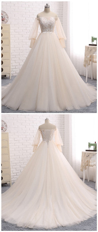 Wedding Dress, Appliqued Floral Long Sleeve Lace Bridal Gowns prom dress cg18483
