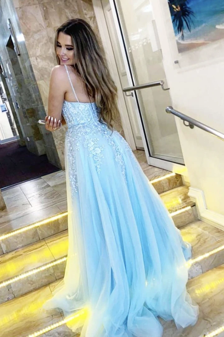 Blue tulle lace long prom dress blue evening dress cg18486