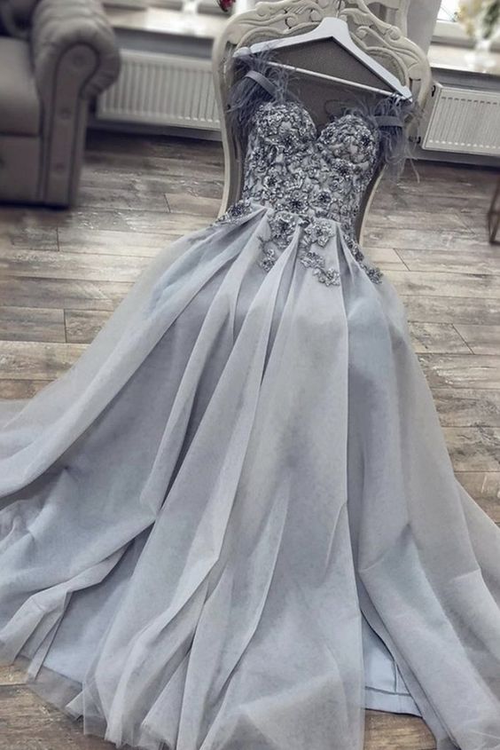 A Line Sweetheart Neck Long Gray Lace Prom Dress, Gray Lace Formal Dress, Grey Evening Dress cg18492