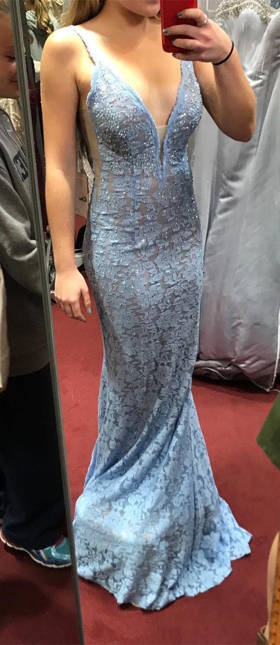 Blue Lace Prom Dress, Mermaid Long Prom Dress, Gorgeous Blue Lace Mermaid Long Evening Dress cg18524