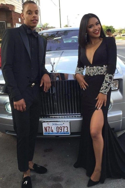 Prom Dresses Long Sleeve Crystal Black Evening Gown Sexy V-Neck Split cg18541