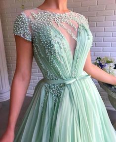 A-line Scoop Mint Green Long Prom Dresses Beading Tulle Evening Dress Prom Dresses cg18546