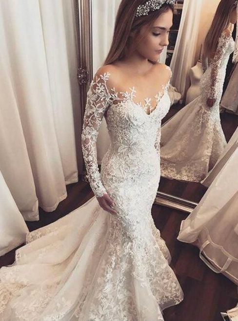 Mermaid Tulle Wedding Dresses Sheer Long Sleeve Lace Appliques Gorgeous prom Dress cg18549