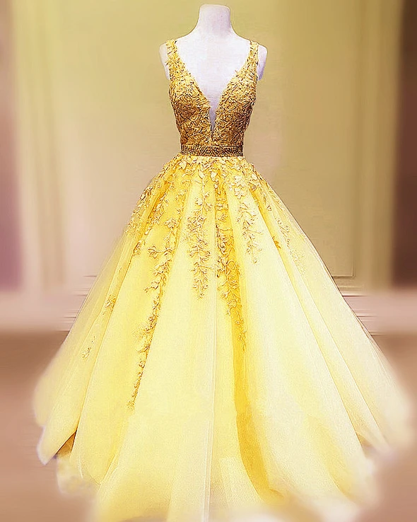 Tulle V Neck Prom Dresses Lace Embroidery Ball Gown cg18552