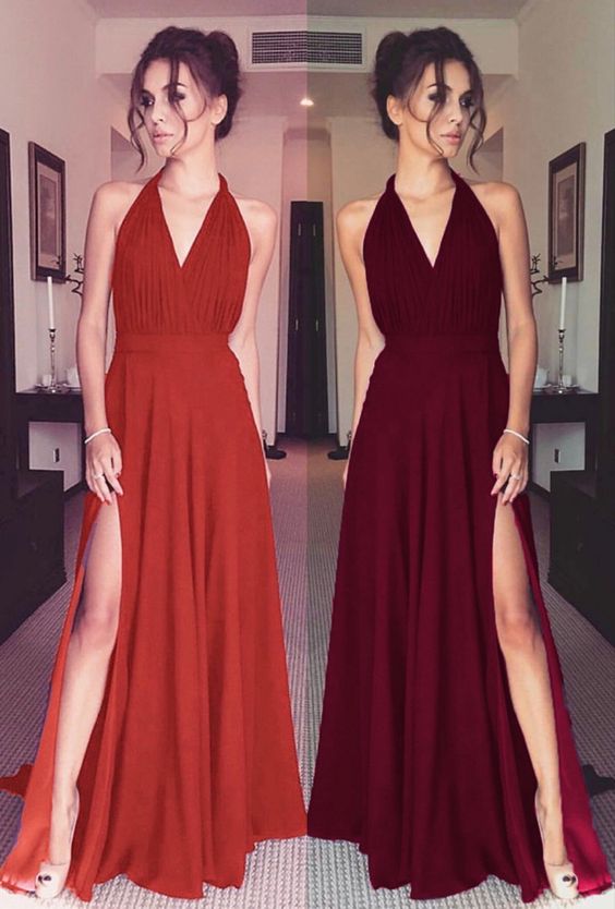 boho chic style long chiffon halter bridesmaid prom dresses side split formal gown for wedding party cg18554