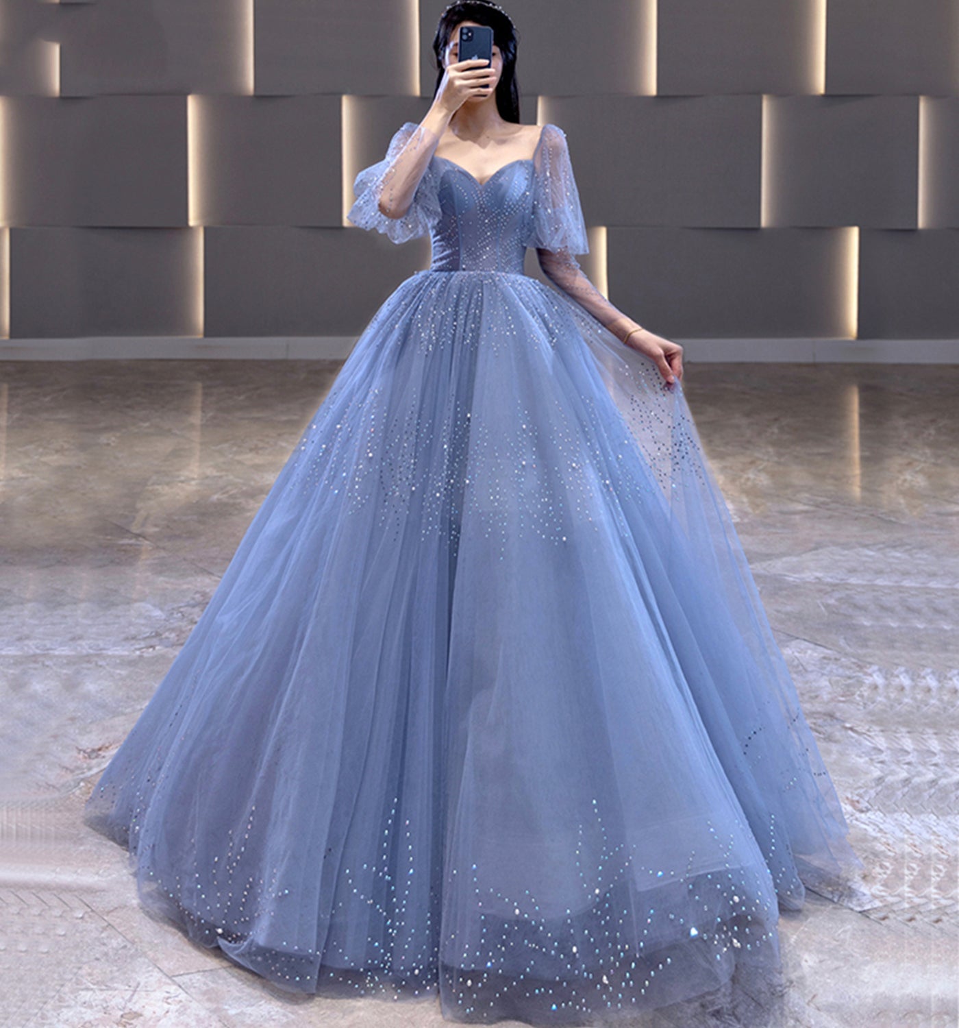 BLUE TULLE LONG A LINE PROM GOWN FORMAL DRESS cg18557