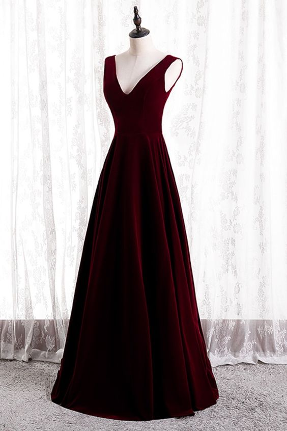 A-line burgundy velvet long prom dress bridesmaid dresses cg18559