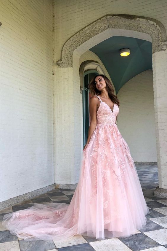 Pink Tulle and Lace A-line Long Prom Dress cg18584