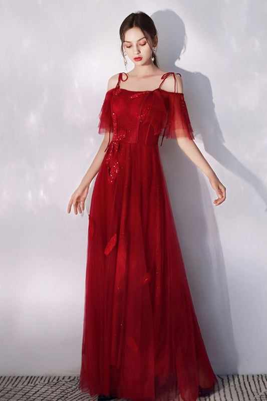 A-Line Straps Beaded Red Tulle Formal Dress Prom Dress   cg18588