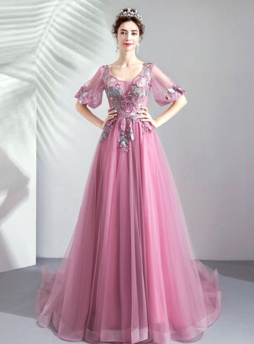 Pink Tulle V-neck Appliques Long Prom Dress cg18596
