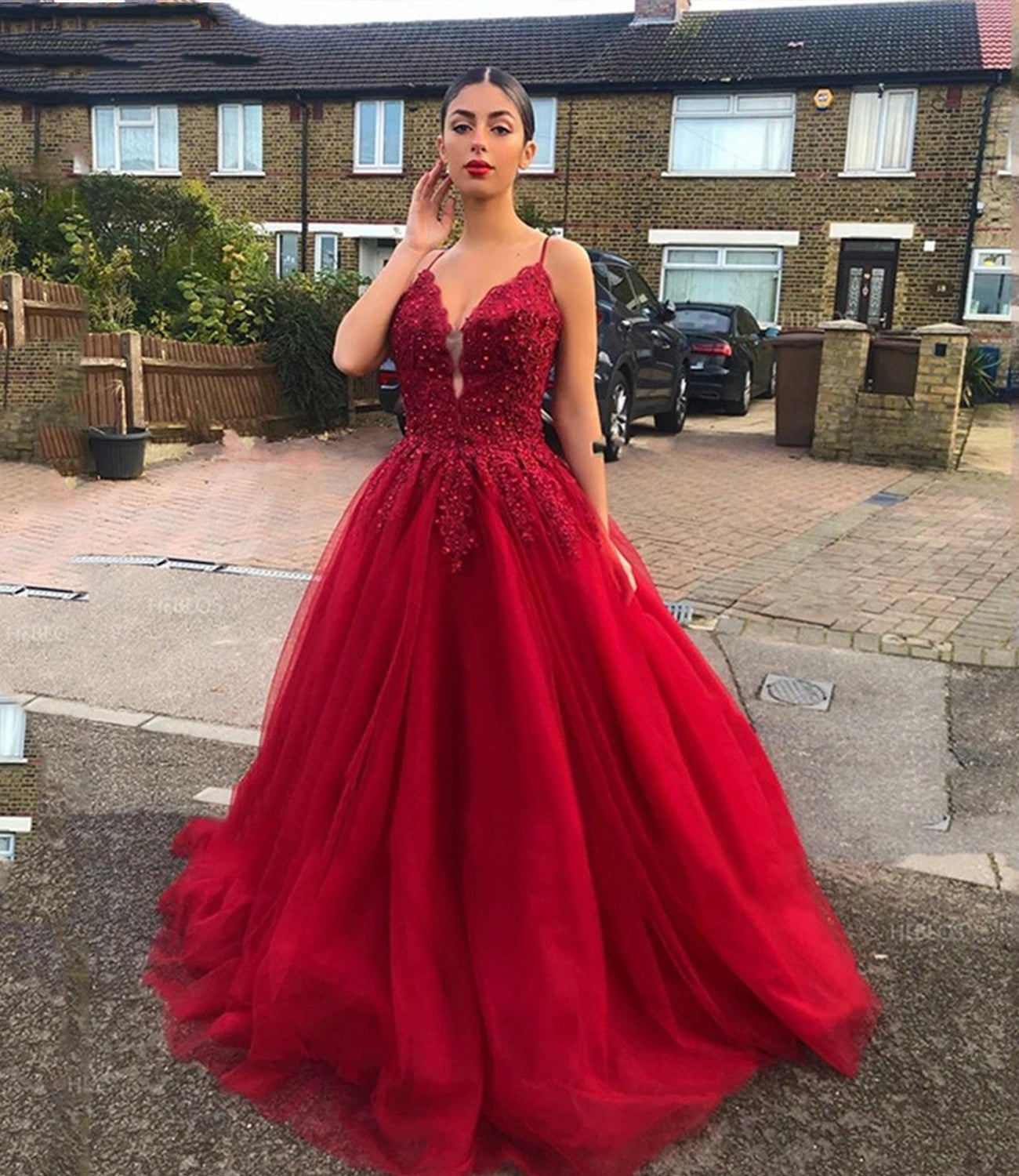 RED LACE LONG BALL GOWN PROM DRESS A LINE EVENING DRESS    cg18605