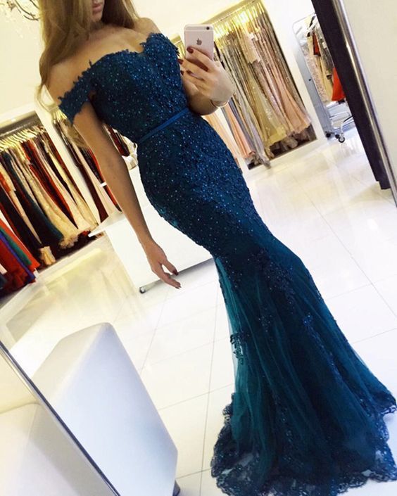 Elegant navy blue lace prom dresses mermaid off the shoulder evening gown pearl beaded cg18606