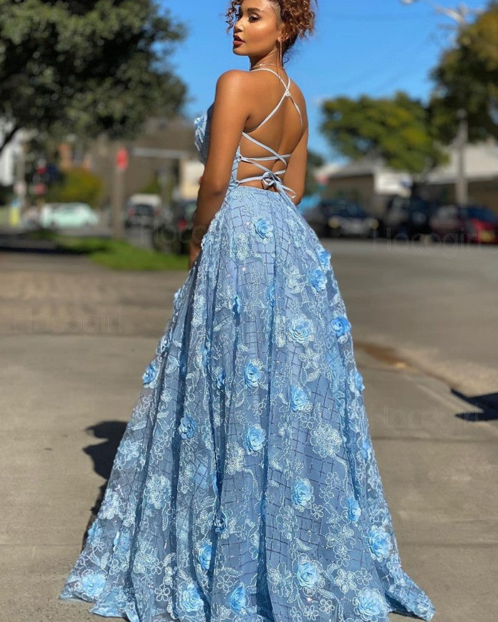 Light Blue Spaghetti Straps Lace A-line Prom Dress cg18621