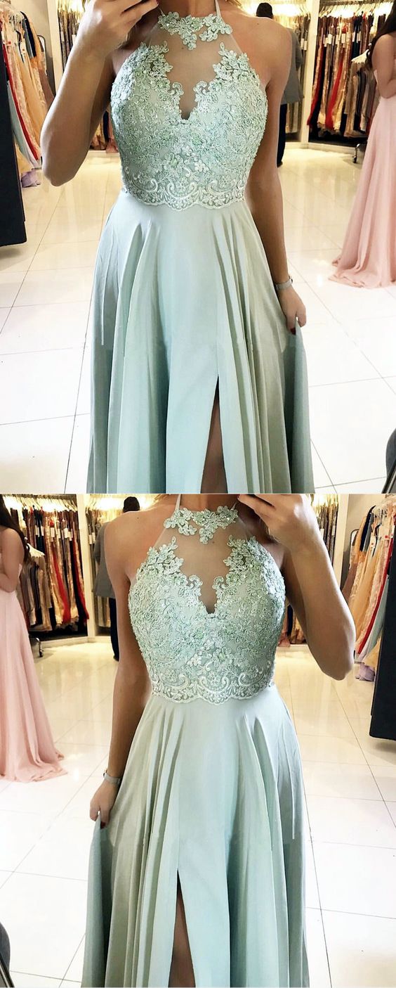 Sage Green Bridesmaid Dresses Halter Neck Side Split Chiffon Formal Bridal Party Dress Prom Dresses cg18654