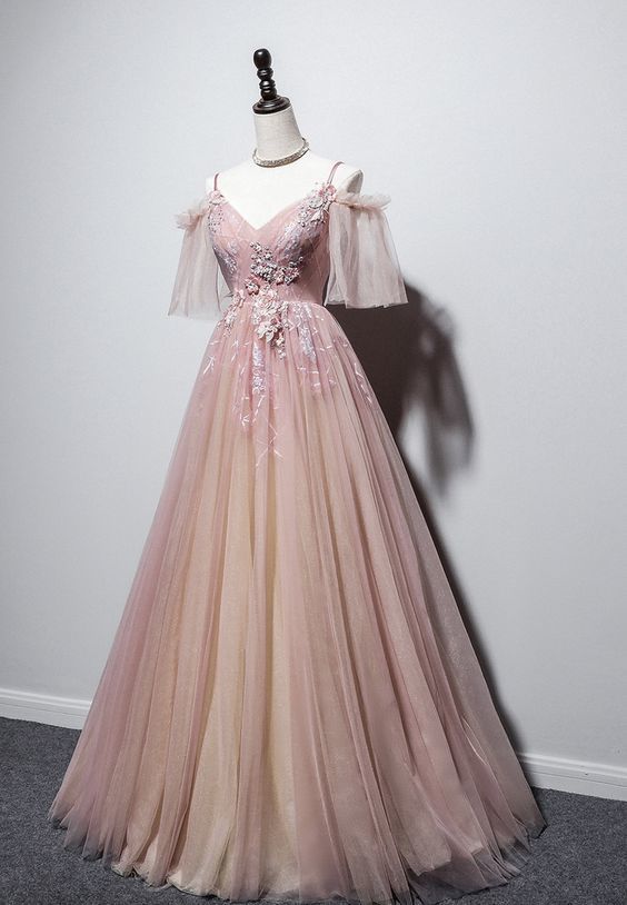 Pink v neck tulle long prom dress pink evening dress cg18704