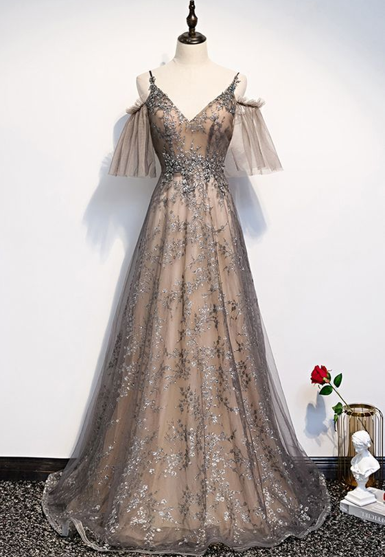 Unique Long Tulle Lace V Neck Spaghetti Straps Prom Dress With Sleeve cg18712