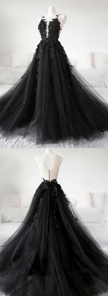 Unique Black Tulle V Neck Sheer Back Lace Applique Evening Dress, Formal Dress long prom dress cg18718