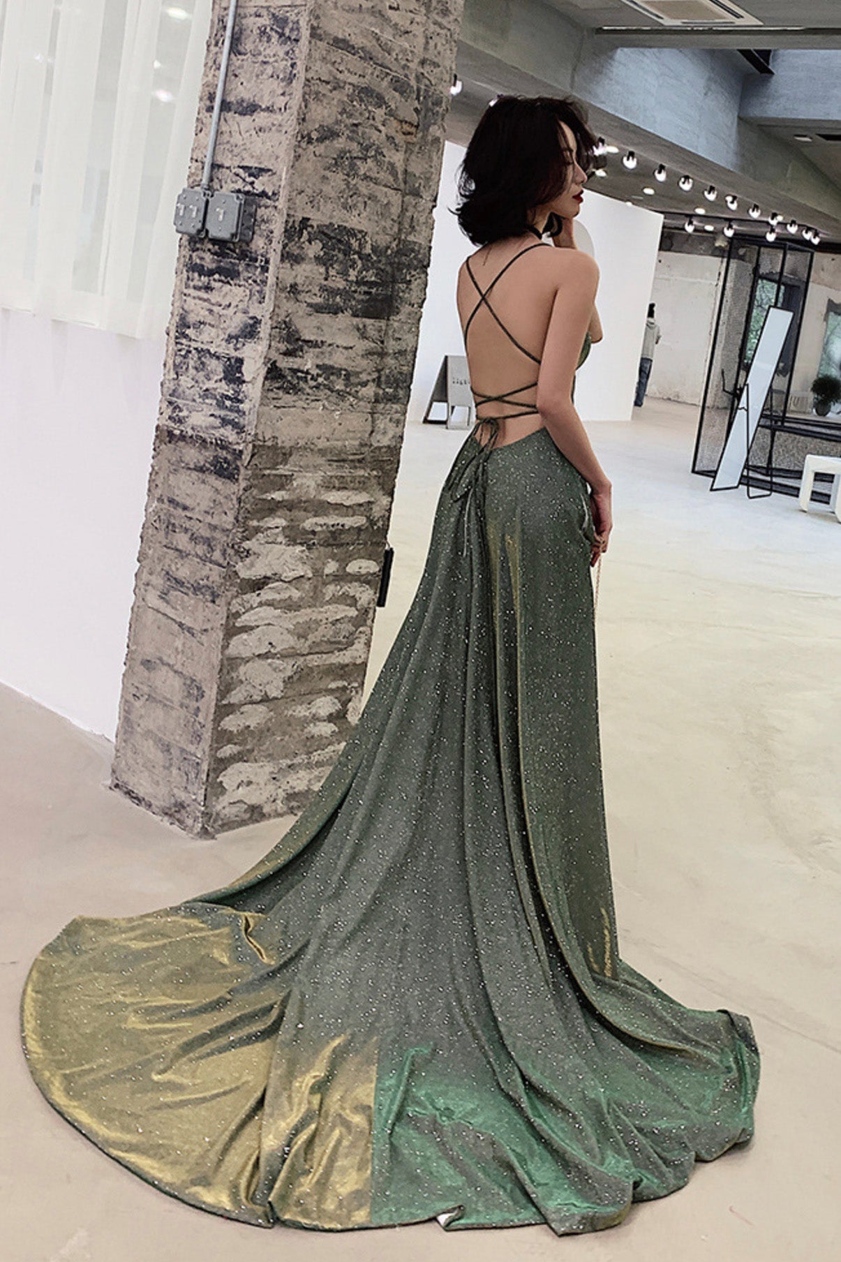 SIMPLE A LING LONG BACKLESS PROM DRESS GREEN EVENING DRESS cg18725