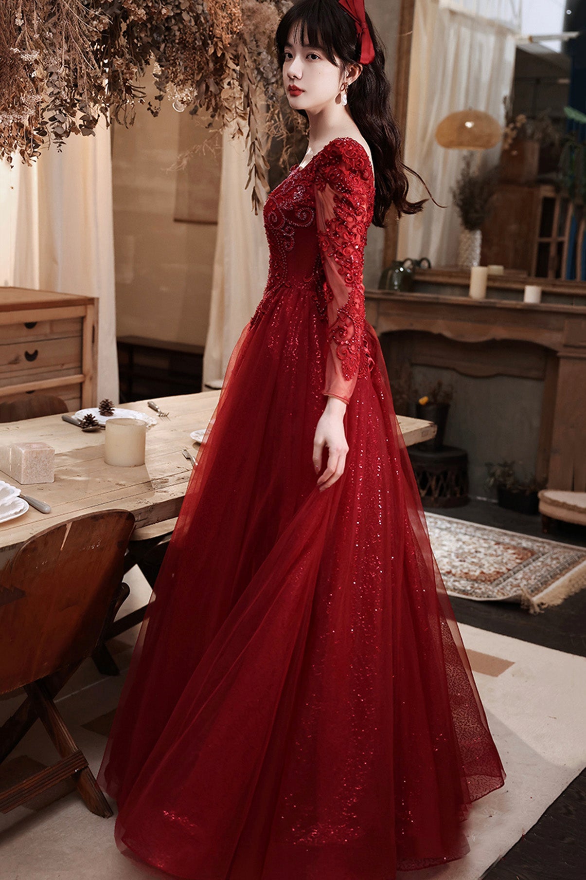 BURGUNDY LACE LONG PROM DRESS EVENING DRESS cg18726