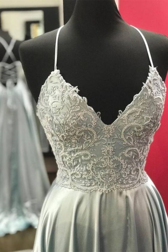 classic A-line silver satin long prom dress with modest v neckline and beaded bodice and lace up back cg18731