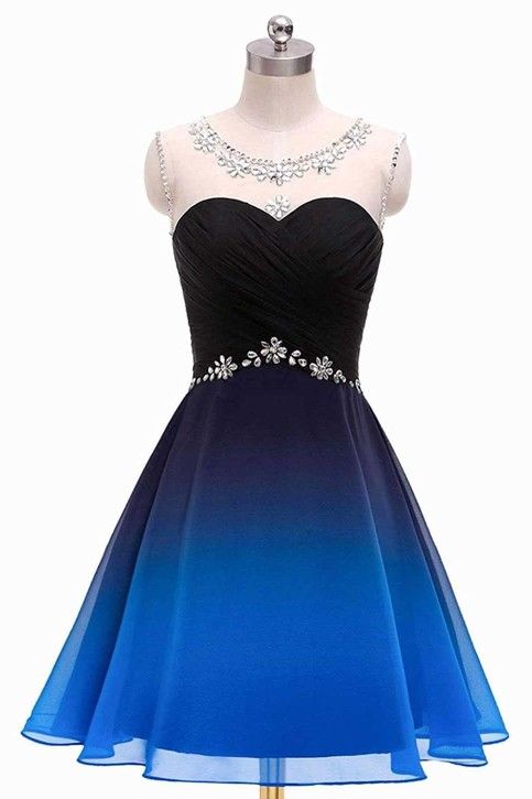 A Line Round Neck Beads Blue and Black Short Dresses, Ruffles Straps Homecoming Dresses, Cocktail Dresses cg1874