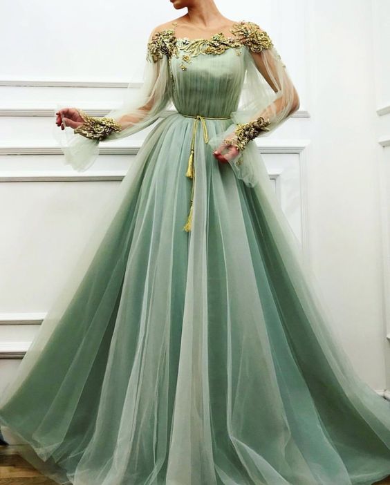 Charming Mint Green A-Line Tulle Prom Evening Dresses,Long Sleeves Princess Gown cg18752