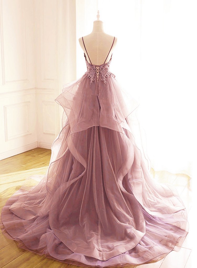 Dark Pink V-Neck Tulle Lace Prom Dress,Spaghetti Strap Prom Dress,Ruffle A Line Formal Dress cg18781