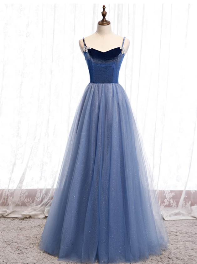 Light Blue Velvet And Tulle Long Formal prom Dress, Simple Blue Bridesmaid Dress cg18783