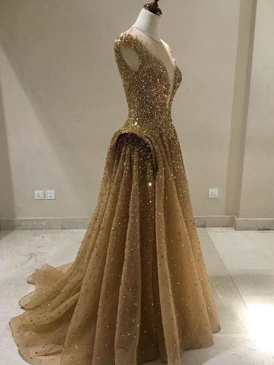Gold Prom Dress A-line Scoop Custom Made Unique Long Prom Dress cg18784