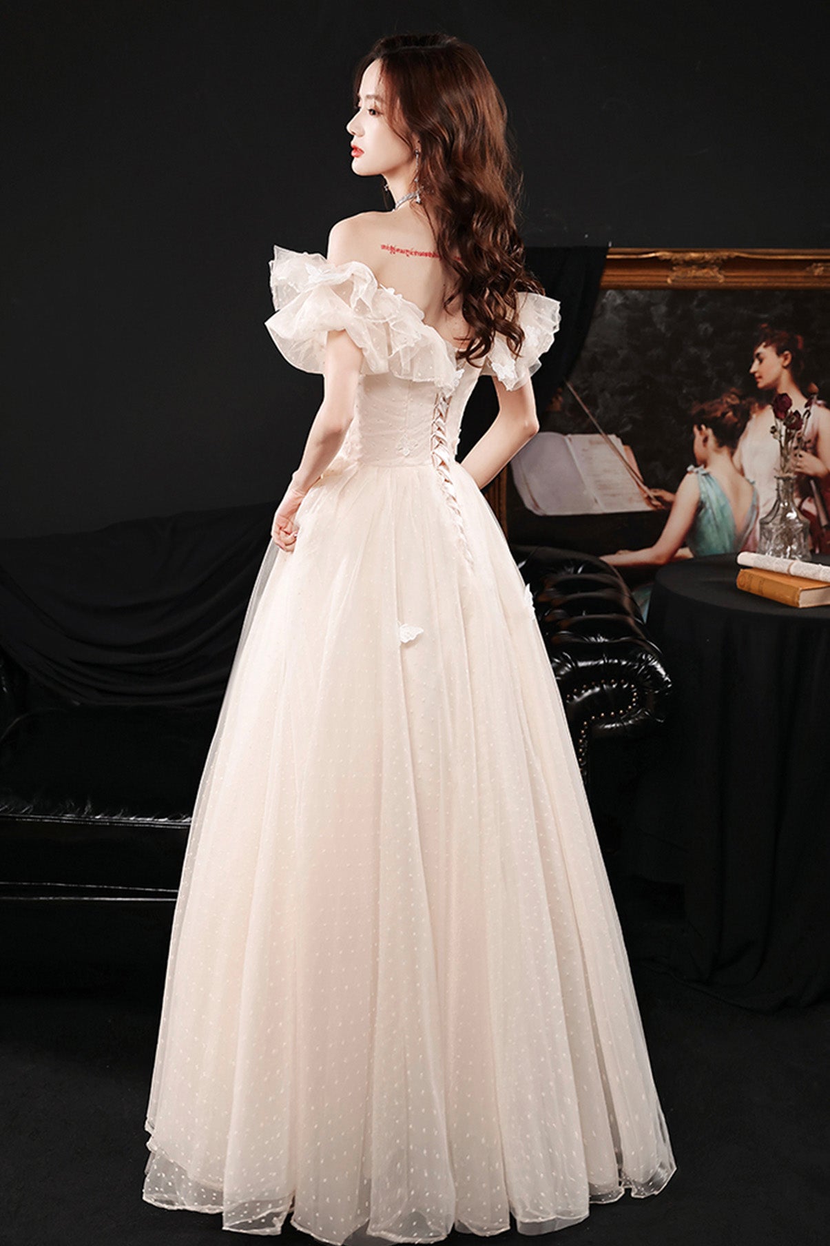 CHAMPAGNE TULLE LONG PROM DRESS EVENING DRESS cg18801