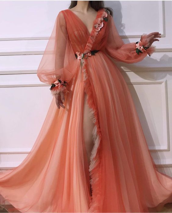 V Neck Tulle Prom Dress With Sleeves , Puffy Sleeves Prom Dress cg18804