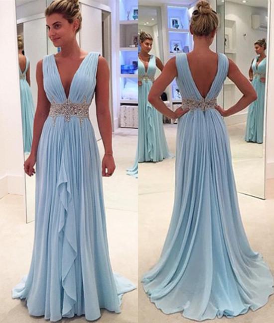 V Neck And V Back Sky Blue Prom Dresses, V Neck Sky Blue Formal Dresses cg18817