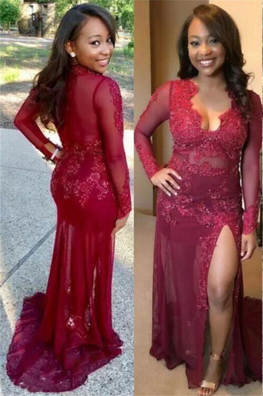Sexy See Through Lace Prom Dress | Long Sleeve Side Slit Burgundy Evening Gown cg18843