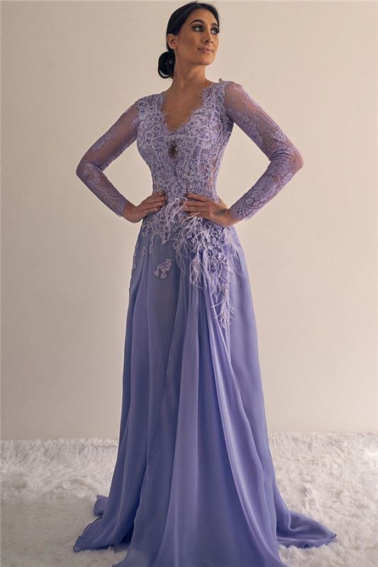 A-line Floor-length Beading V-neck Long-sleeve Lace Prom Dress cg18848