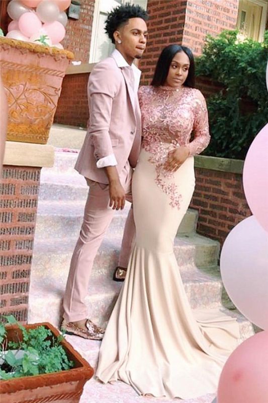 High Neck Long Sleeve Prom Dresses Cheap | Sexy Illusion Rose Gold Lace Appliques Evening Gowns cg18849