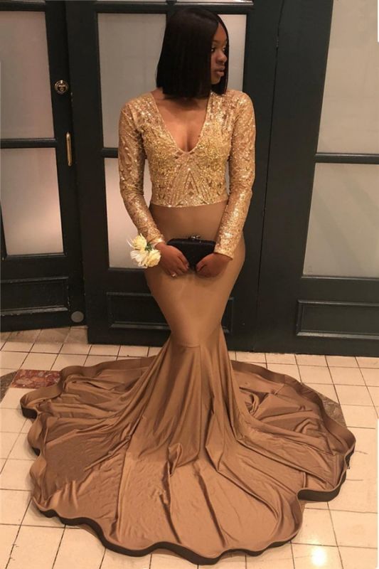 Gold Lace Appliques Cheap Prom Dresses for Juniors | Mermaid Sexy V-neck Long Sleeve Graduation Dresses cg18850