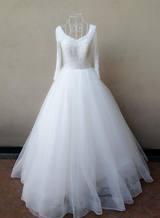 Beautiful White Pearls And Beadings Long Sleeves Party Dress, White Formal Gown Prom Dress cg18863