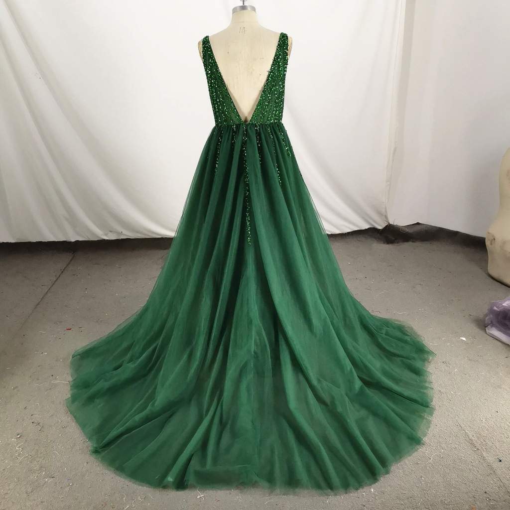 Dark Green Tulle V-Neckline Long Party prom Dress, Green Formal Gown cg18865