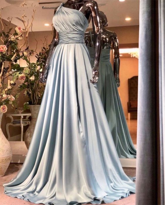 Sexy One Shoulder Long Silver Prom Dress Satin Pleats A Line Floor Length Formal Women Dresses cg18870