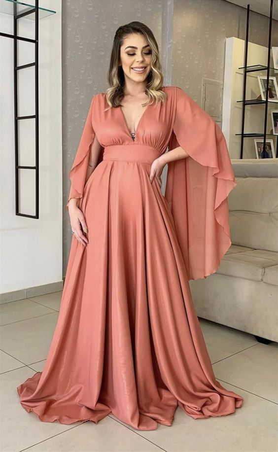 Elegant Puffy Sleeves Bridesmaid Dresses Long Chiffon V Neck Formal Gown With Popular Terracotta Colors Prom Dresses cg18877