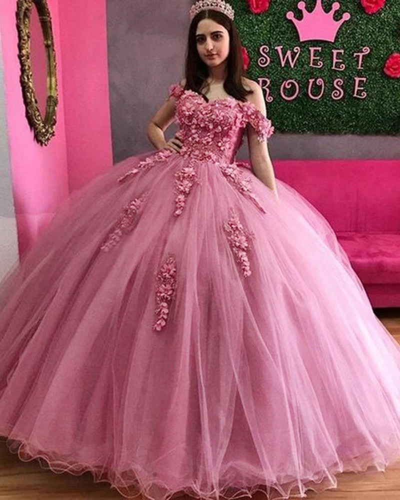 Quinceanera Dresses 3D Applique Puffy Skirt Lace-Up Back Sweet 16 Party Dress Long Prom Gowns cg18880