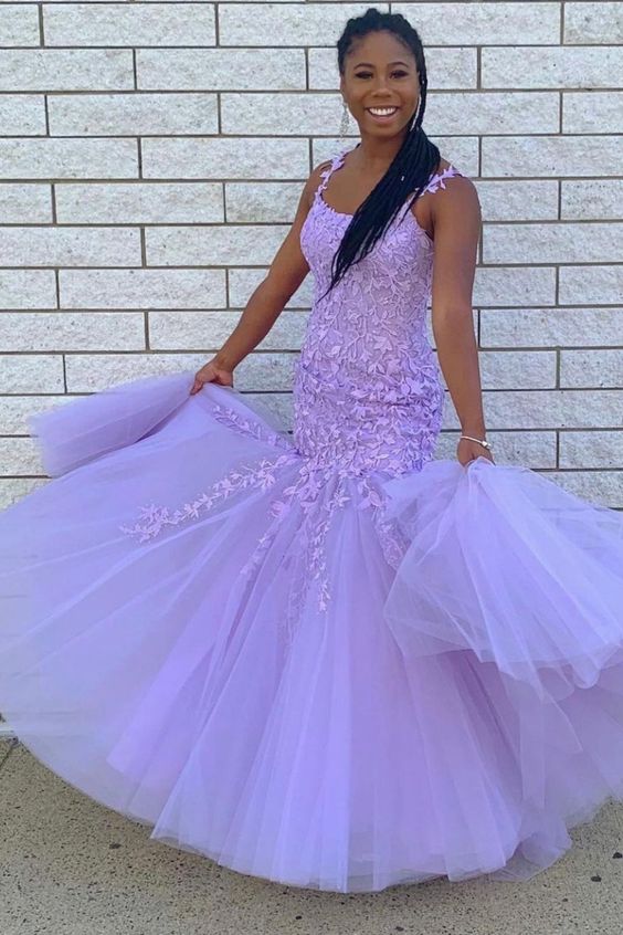 Mermaid Lavender Lace Appliqued Long Prom Dress Graduation Dress with Tulle cg18886